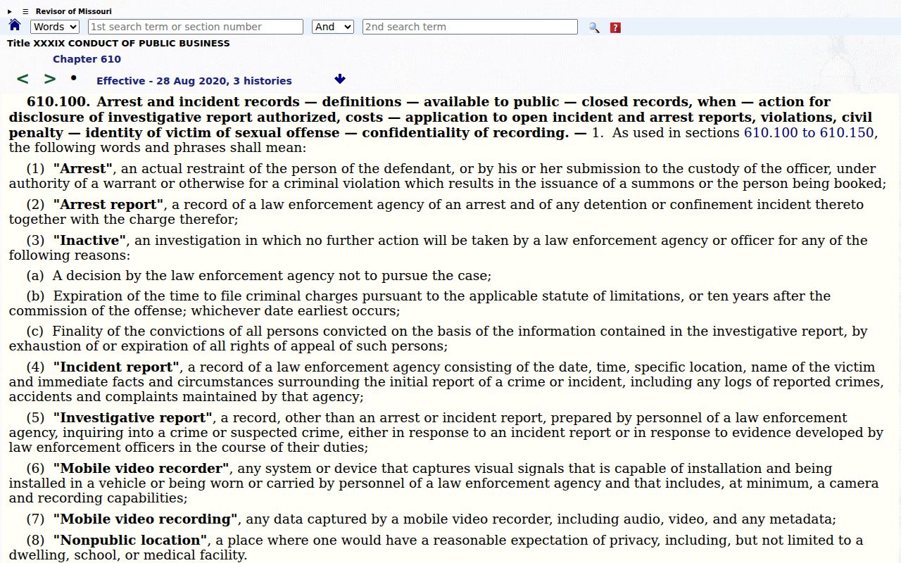 Missouri law governing Sullivan County arrest records